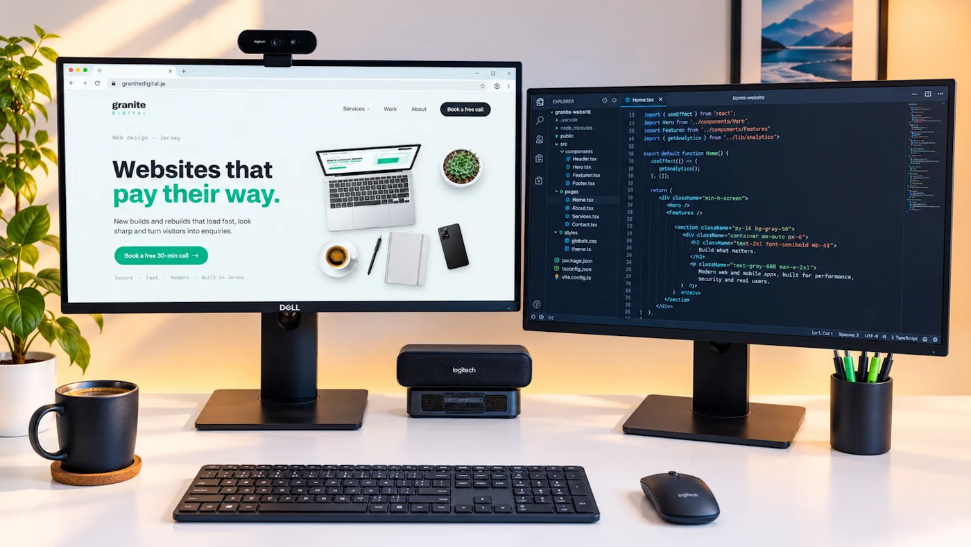 A desk with two monitors, one showing the Granite Digital home page and the other code