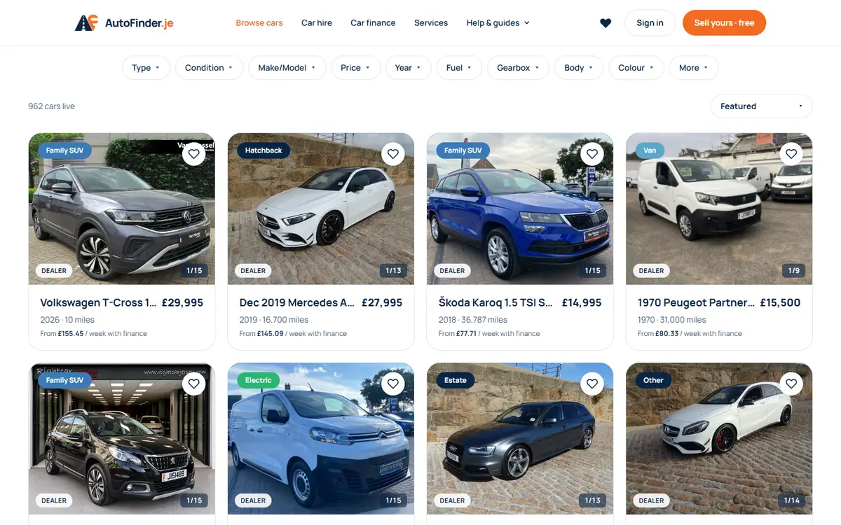 AutoFinder.je, showing a grid of cars for sale from Jersey dealers