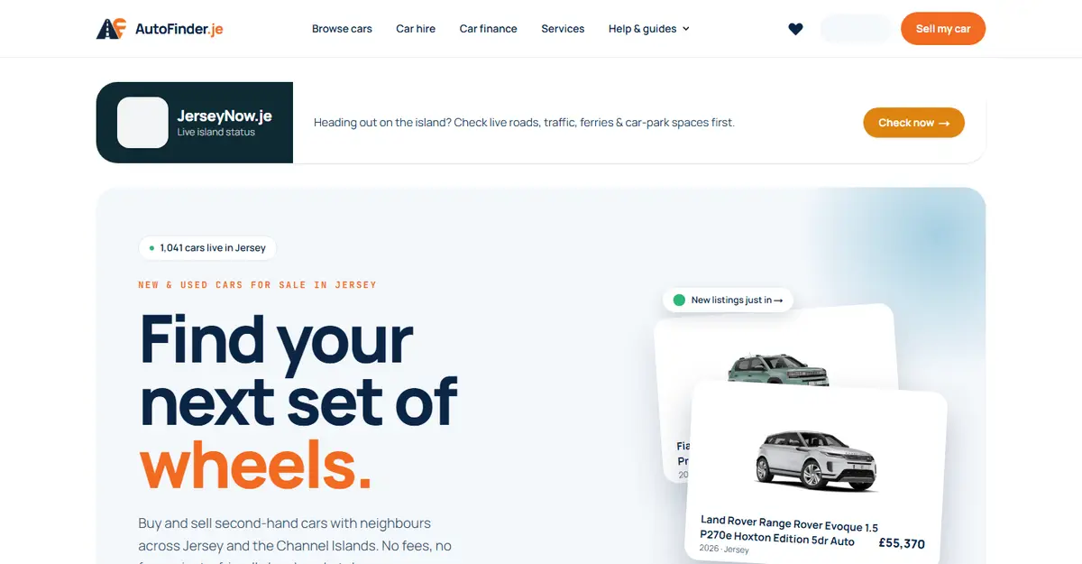 The AutoFinder.je homepage: searching new and used cars for sale across Jersey