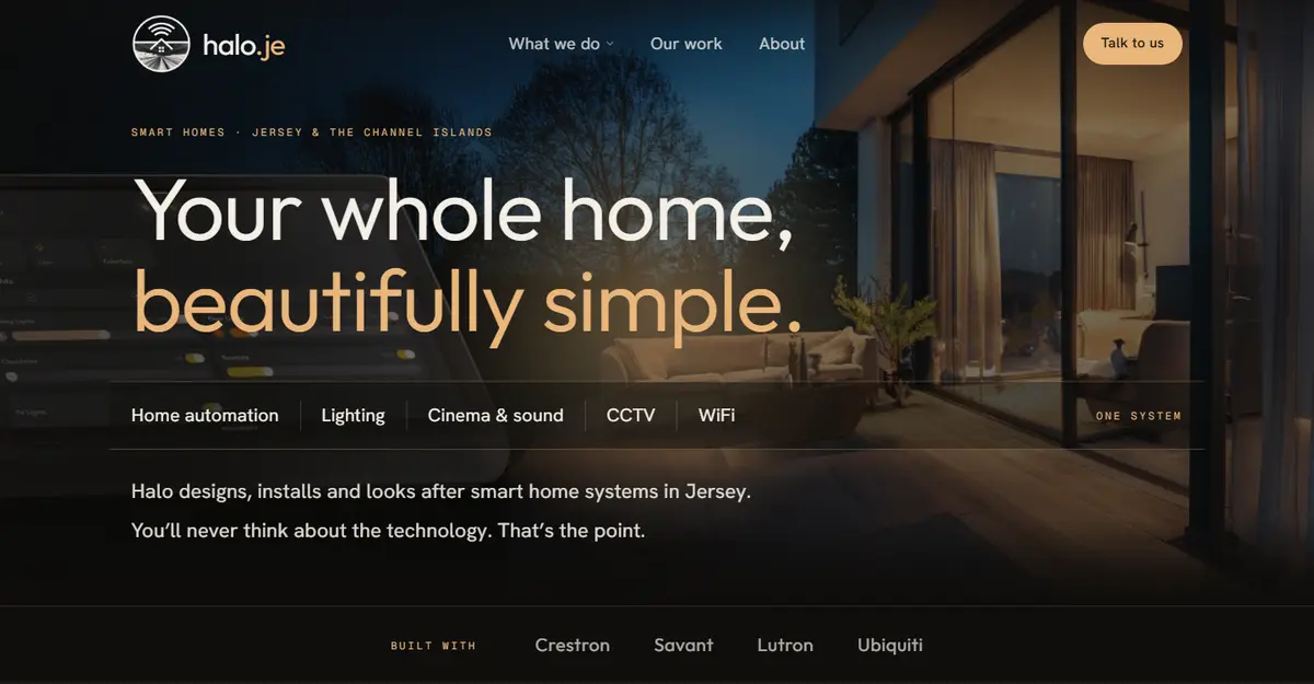 The halo.je homepage: smart home automation, lighting, cinema and CCTV for Jersey homes