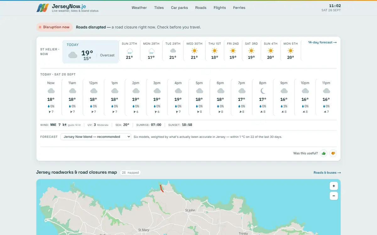 JerseyNow.je, showing live island weather, tides and travel