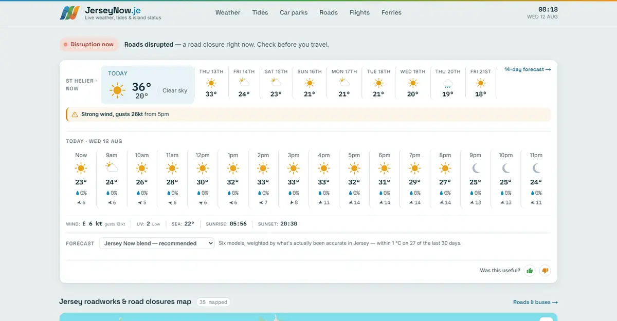The JerseyNow.je homepage: live weather, tides, roads and travel for Jersey