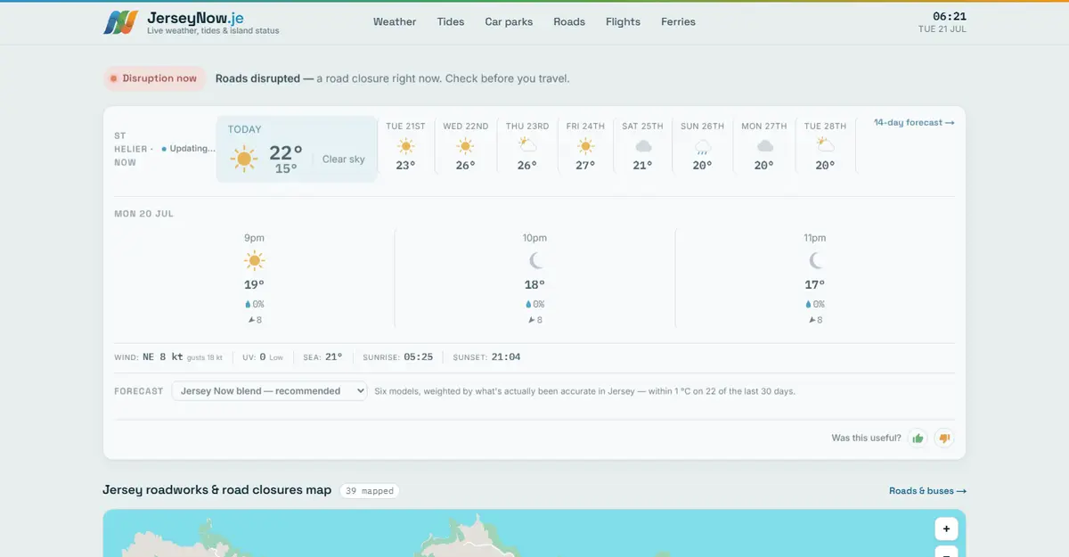 The JerseyNow.je homepage: live weather, tides, roads and travel for Jersey